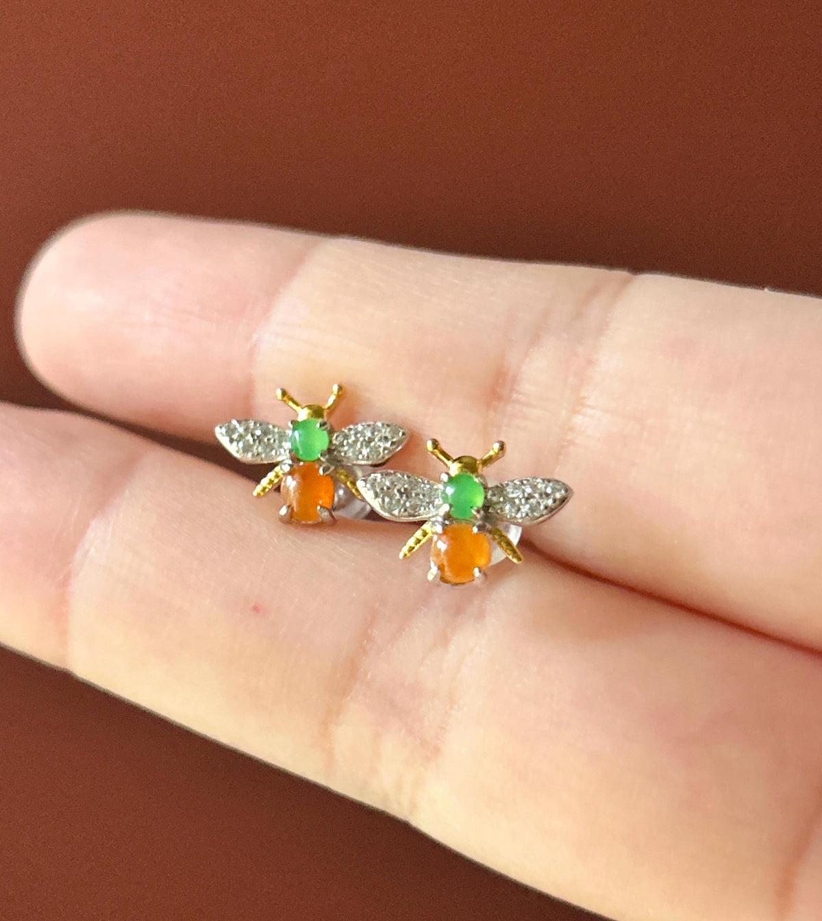 Certified Natural Jadeite Cabochon Bee Stud Earrings | Burmese Type A Highly Translucent Icy Multicolor Jade | Sterling Silver