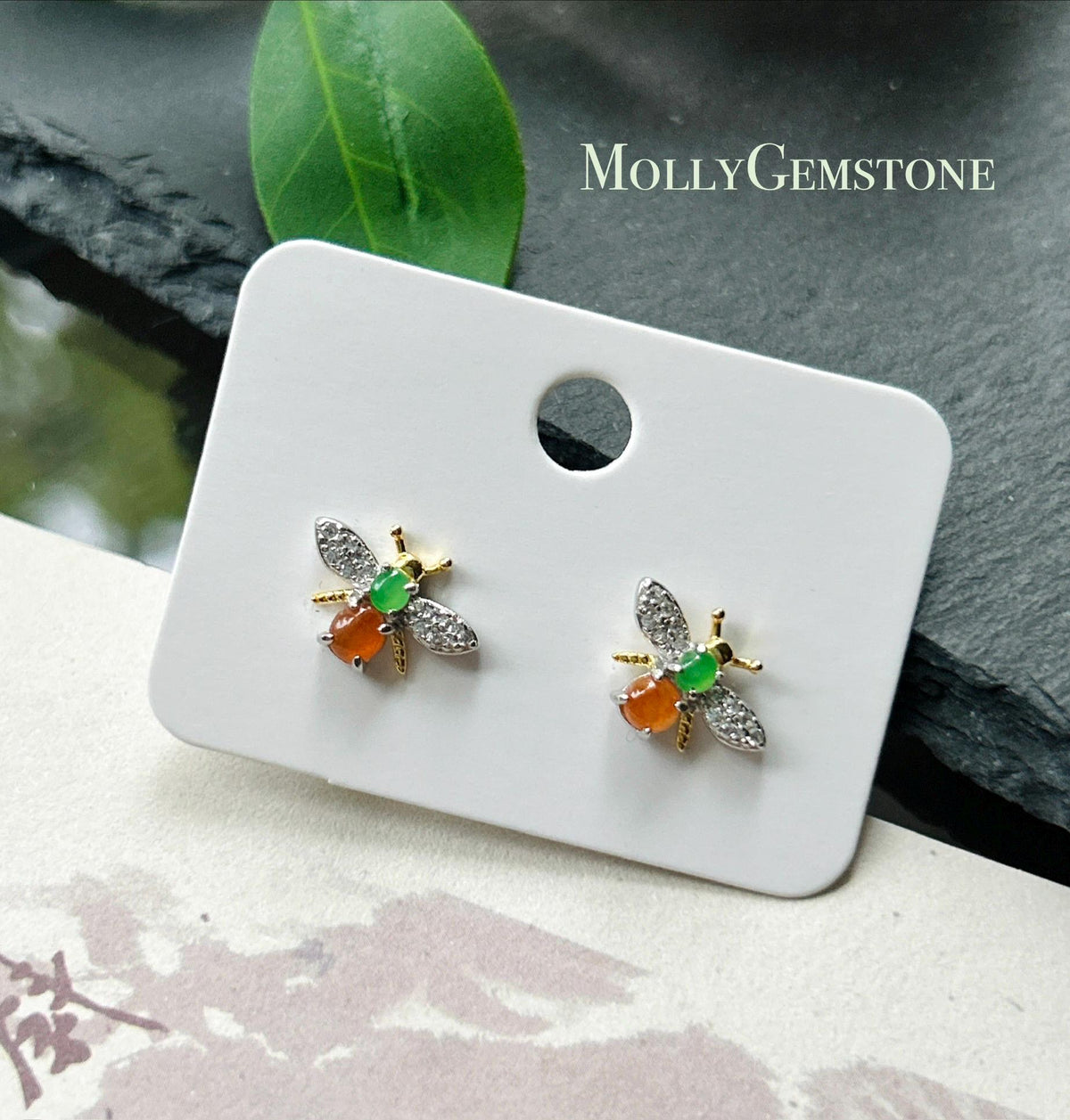 Certified Natural Jadeite Cabochon Bee Stud Earrings | Burmese Type A Highly Translucent Icy Multicolor Jade | Sterling Silver