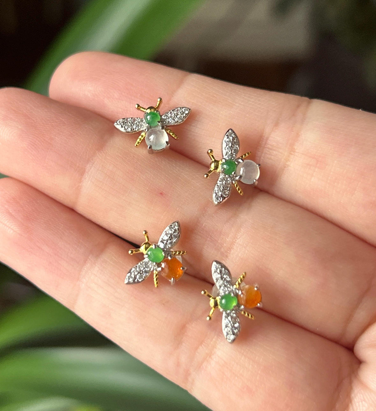 Certified Natural Jadeite Cabochon Bee Stud Earrings | Burmese Type A Highly Translucent Icy Multicolor Jade | Sterling Silver