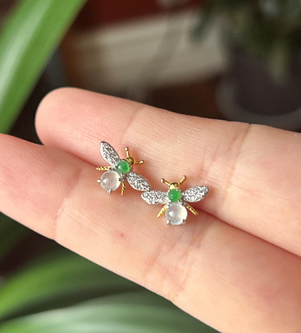 Certified Natural Jadeite Cabochon Bee Stud Earrings | Burmese Type A Highly Translucent Icy Multicolor Jade | Sterling Silver