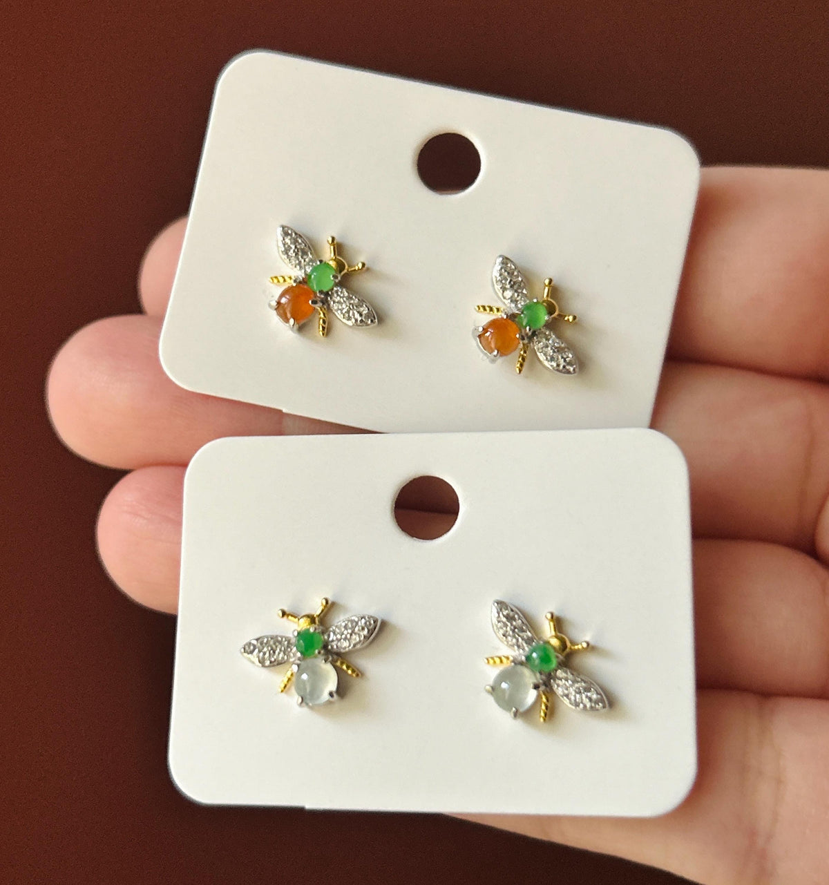 Certified Natural Jadeite Cabochon Bee Stud Earrings | Burmese Type A Highly Translucent Icy Multicolor Jade | Sterling Silver