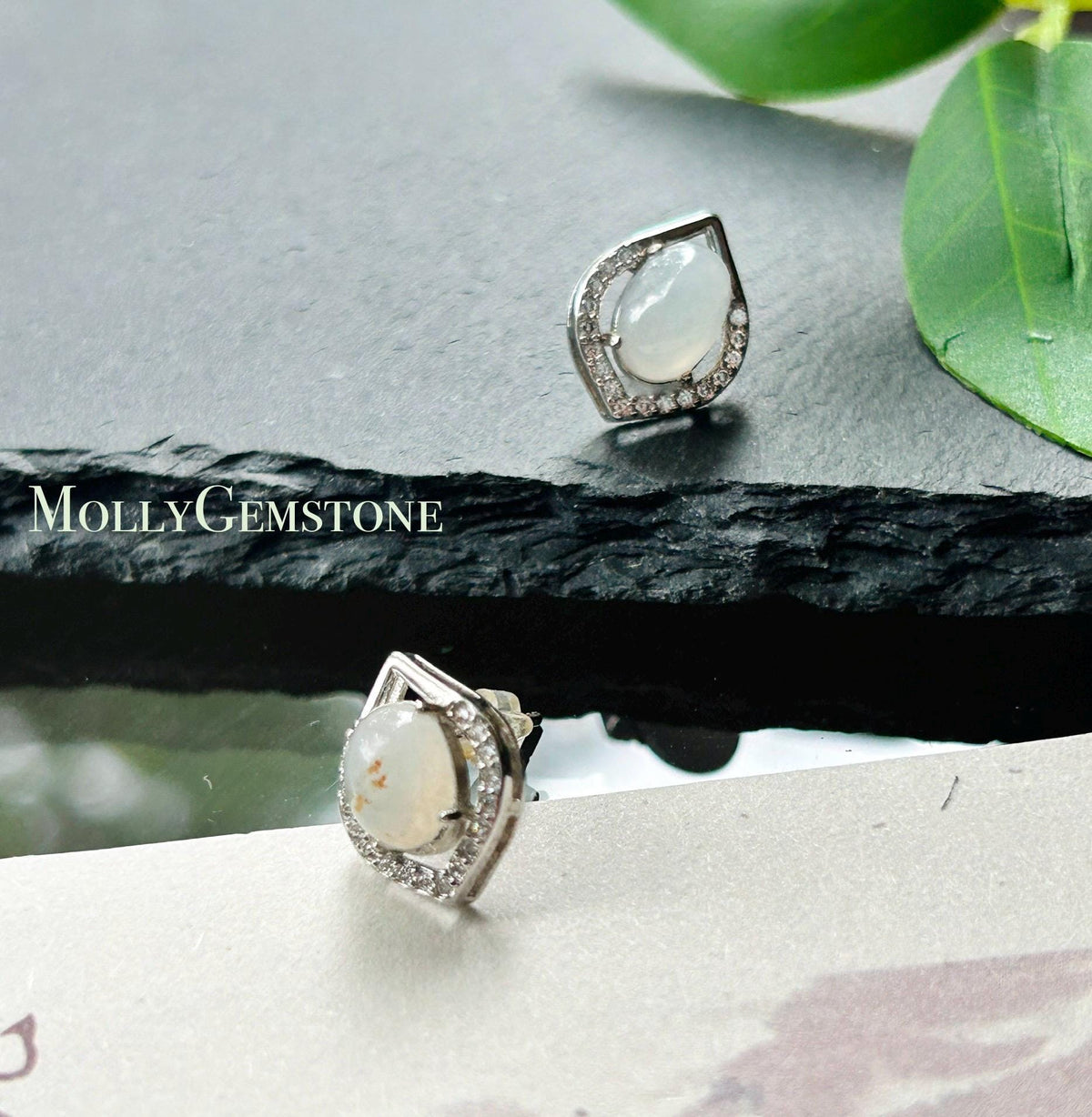 Natural Jadeite Cabochon AB Style Stud Earrings: Burmese Type A Untreated Translucent Icy White Red Floral Jade, Sterling Silver