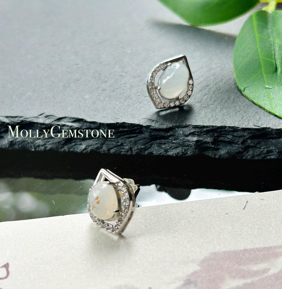 Natural Jadeite Cabochon AB Style Stud Earrings: Burmese Type A Untreated Translucent Icy White Red Floral Jade, Sterling Silver