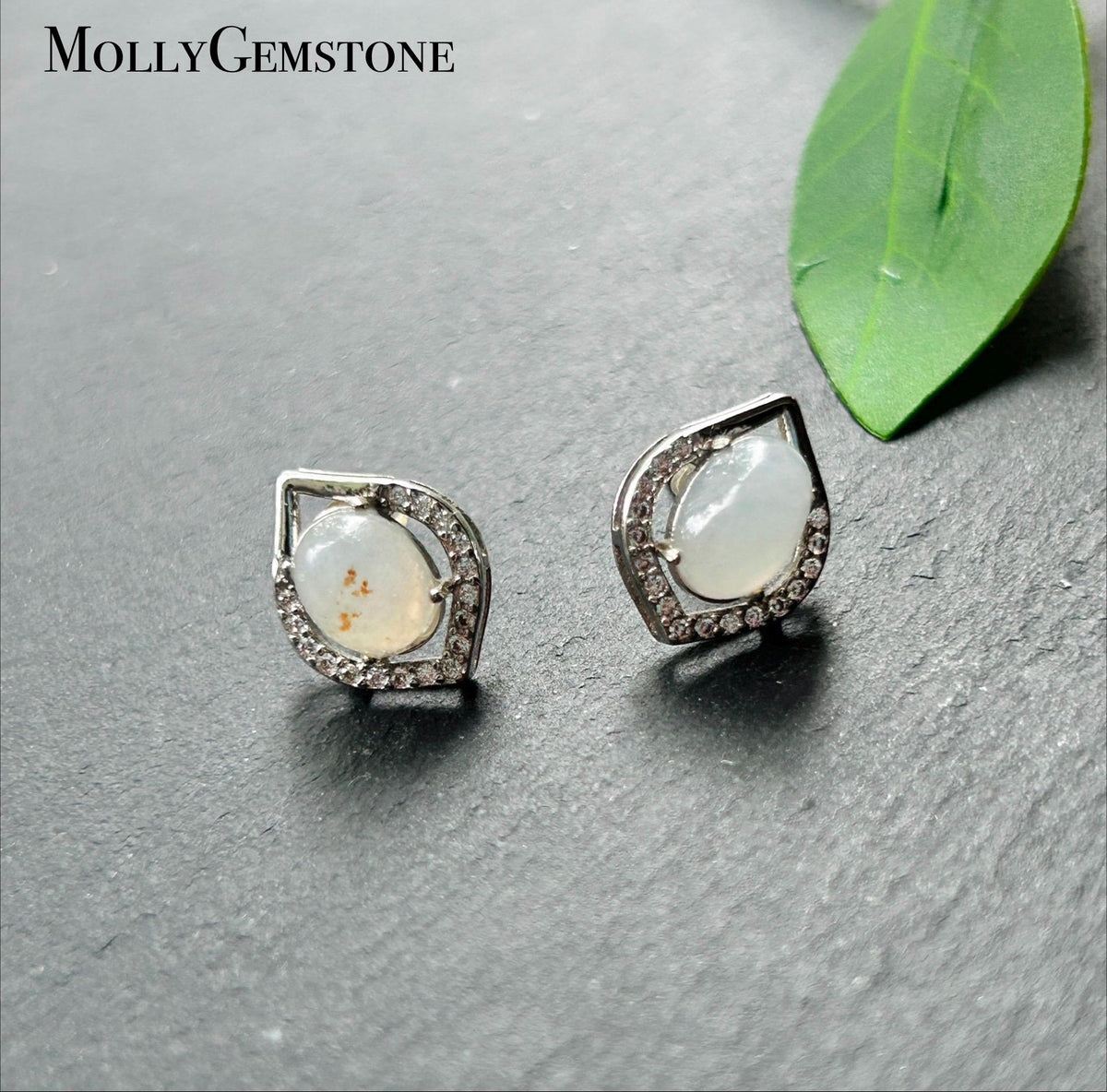 Natural Jadeite Cabochon AB Style Stud Earrings: Burmese Type A Untreated Translucent Icy White Red Floral Jade, Sterling Silver