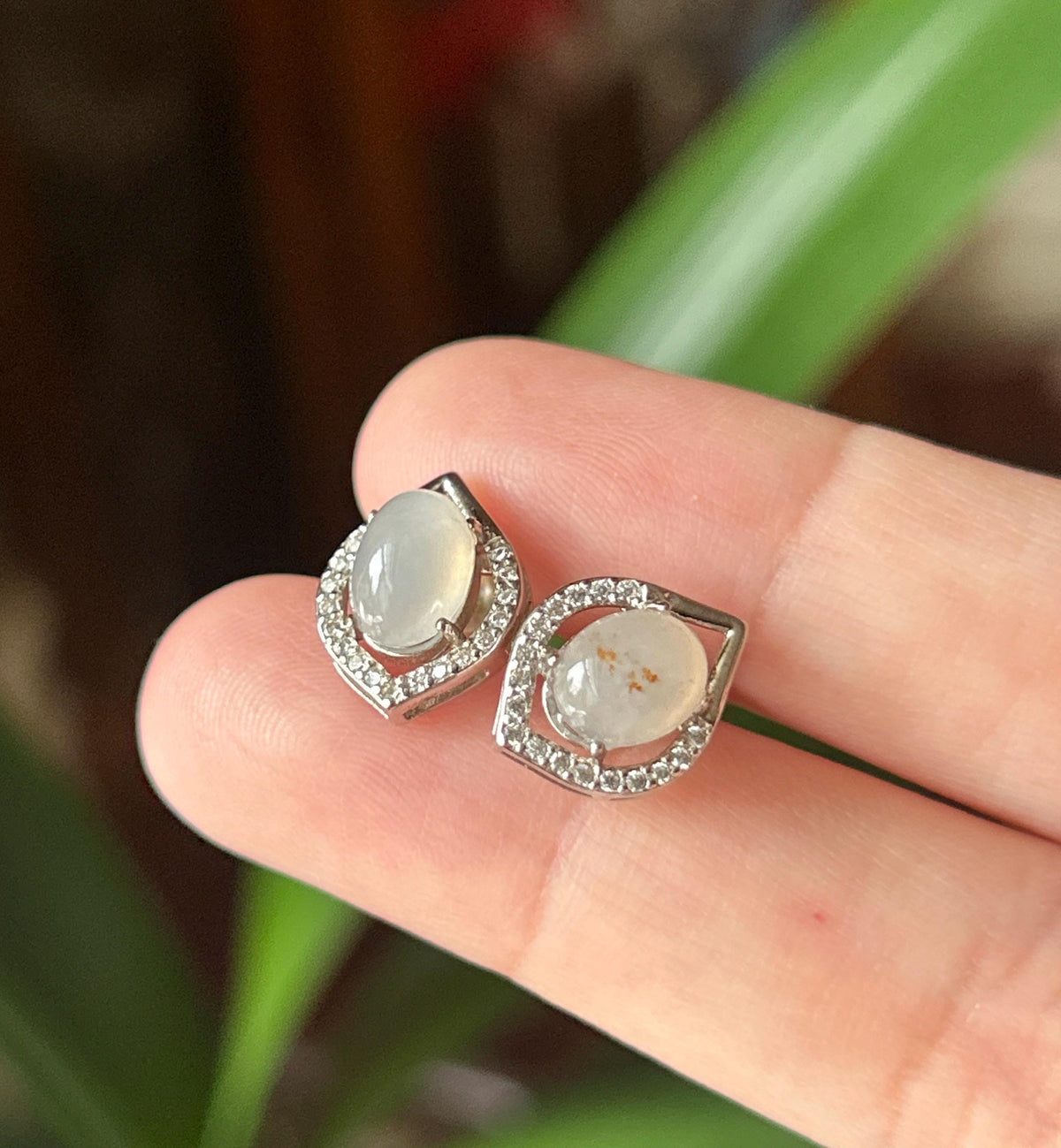 Natural Jadeite Cabochon AB Style Stud Earrings: Burmese Type A Untreated Translucent Icy White Red Floral Jade, Sterling Silver