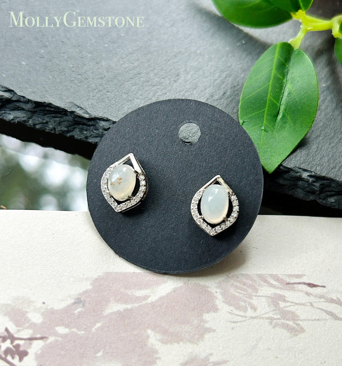 Natural Jadeite Cabochon AB Style Stud Earrings: Burmese Type A Untreated Translucent Icy White Red Floral Jade, Sterling Silver