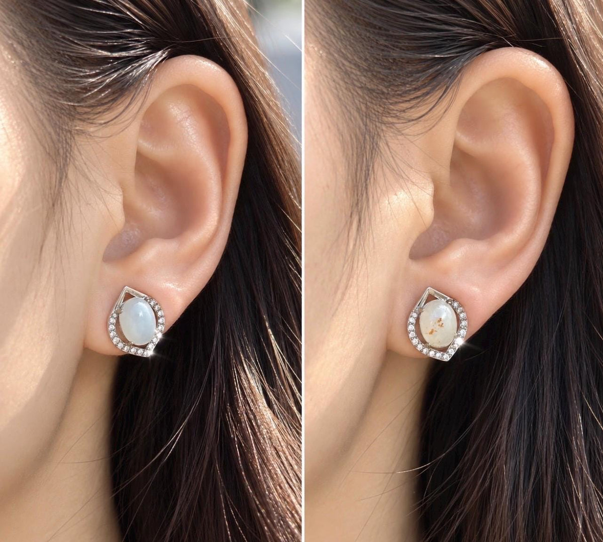 Natural Jadeite Cabochon AB Style Stud Earrings: Burmese Type A Untreated Translucent Icy White Red Floral Jade, Sterling Silver