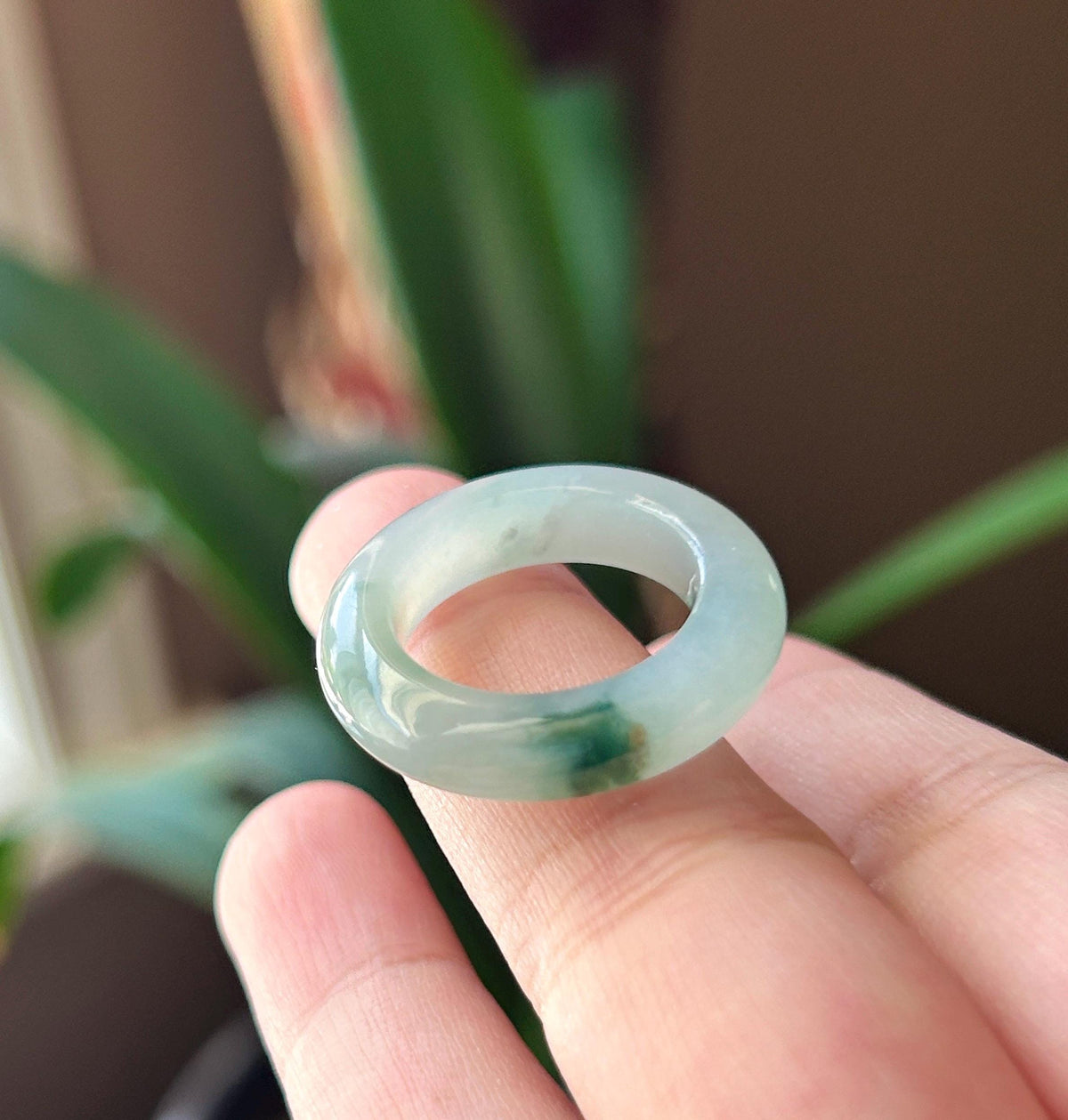 Certified Natural Jadeite Band Ring | Burmese Type A Highly Translucent Icy Bluish Green Floral Jade | US 7 |17mm