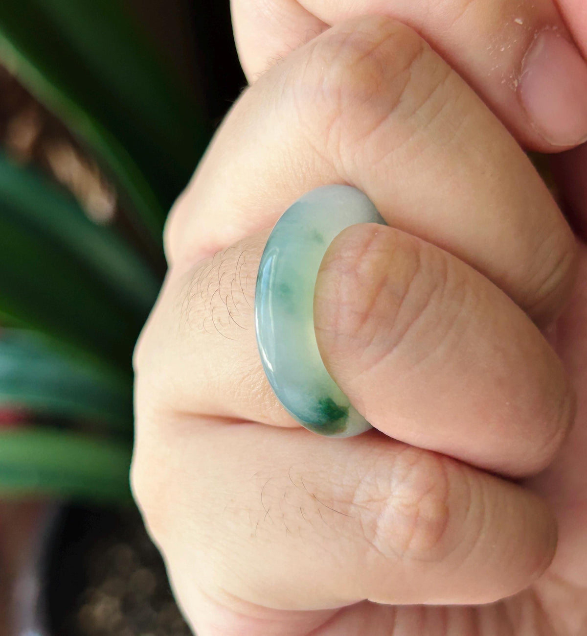 Certified Natural Jadeite Band Ring | Burmese Type A Highly Translucent Icy Bluish Green Floral Jade | US 7 |17mm