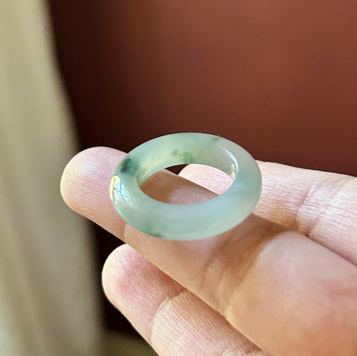 Certified Natural Jadeite Band Ring | Burmese Type A Highly Translucent Icy Bluish Green Floral Jade | US 7 |17mm