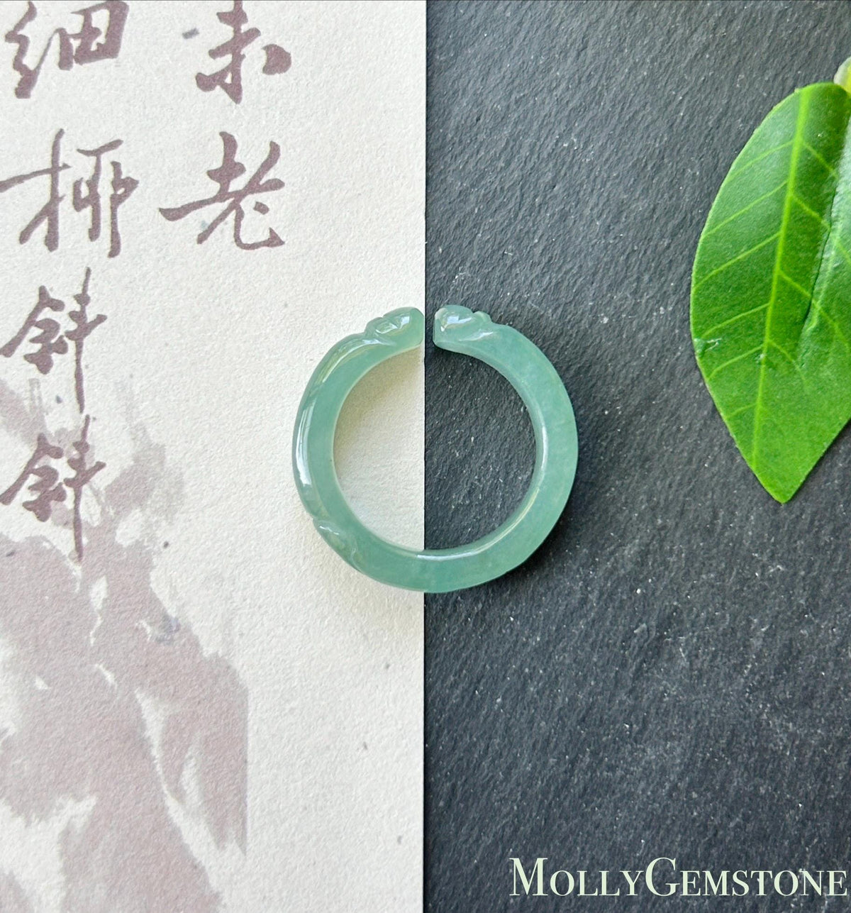Certified Natural Jadeite Open-Ended Carved Auspicious Cat Paw Ring | Burmese Type A Highly Translucent Icy Bluish Green Jade | US 7 |17mm