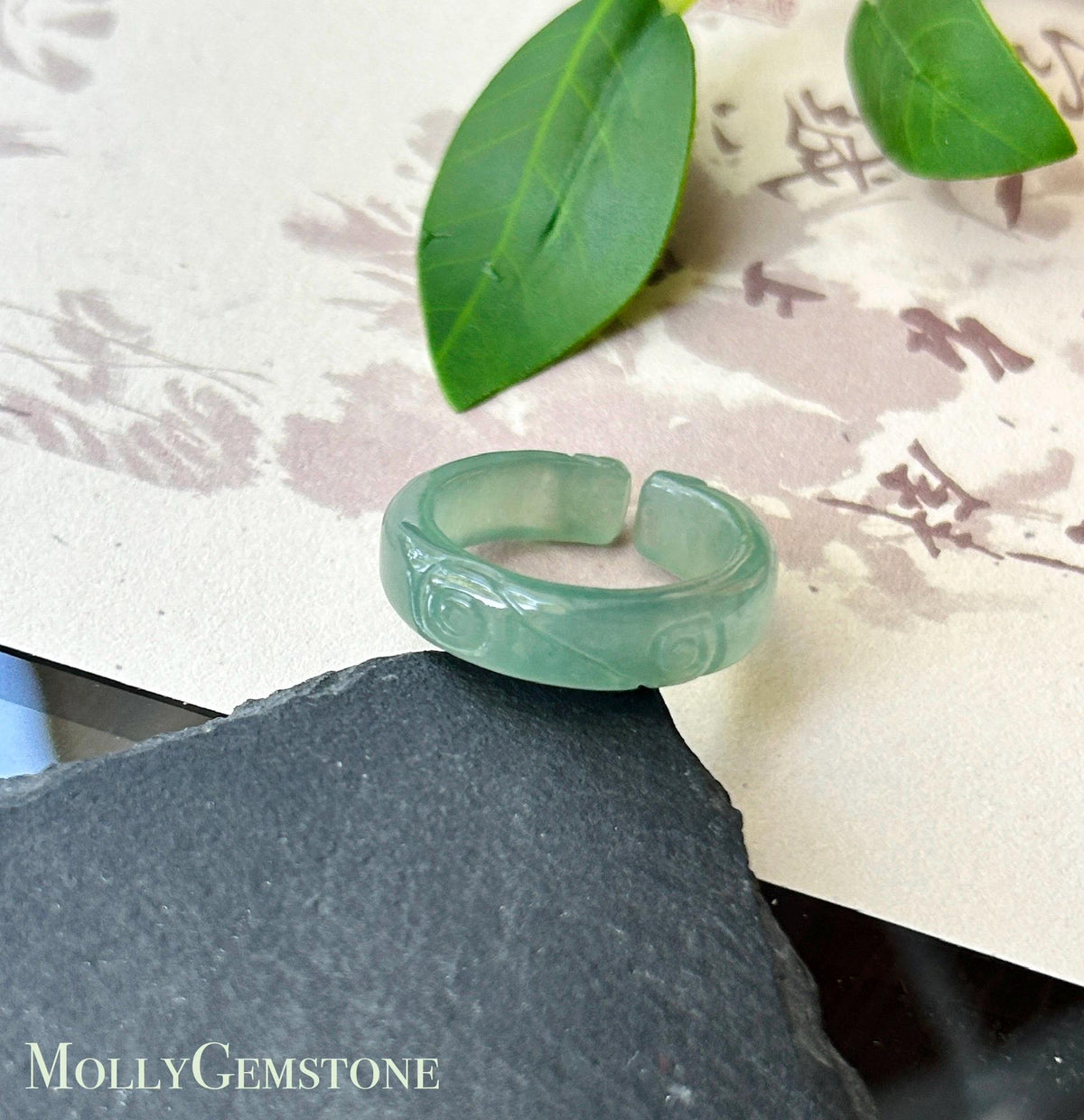 Certified Natural Jadeite Open-Ended Carved Auspicious Cat Paw Ring | Burmese Type A Highly Translucent Icy Bluish Green Jade | US 7 |17mm