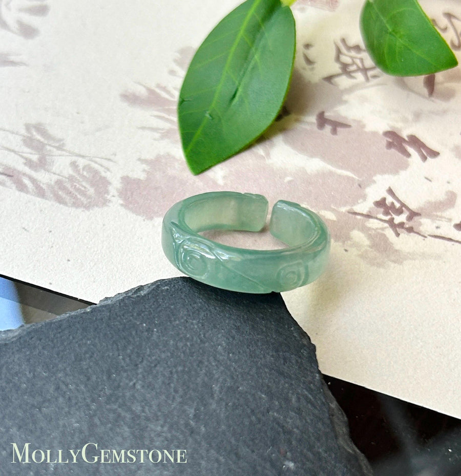 Certified Natural Jadeite Open-Ended Carved Auspicious Cat Paw Ring | Burmese Type A Highly Translucent Icy Bluish Green Jade | US 7 |17mm