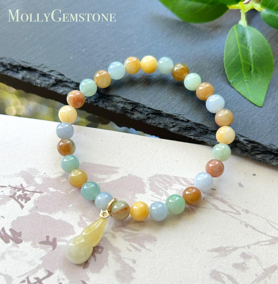 Certified Natural Jadeite Beaded Bracelet, Burmese Type A Untreated Translucent Icy Glutinous Autumn Palette Multicolor Jade, 6.7mm
