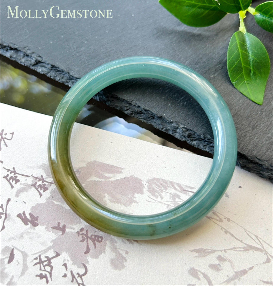 Certified Natural Jadeite Bangle – Guatemalan Type A Untreated Icy Glutinous Bluish Green & Tea Yellow Gradient Color Jade, Round Cut, 61mm