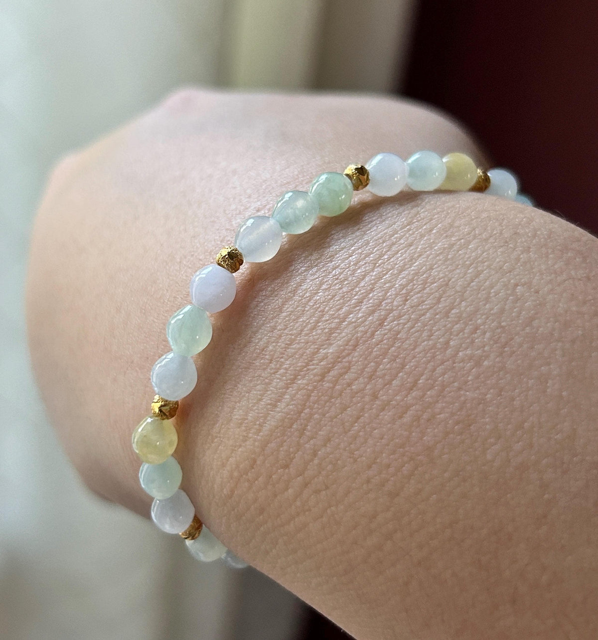 Natural Jadeite Beaded Bracelet, Burmese Type A Translucent Icy Macaron Multicolor Jade, 5mm Drum Beads