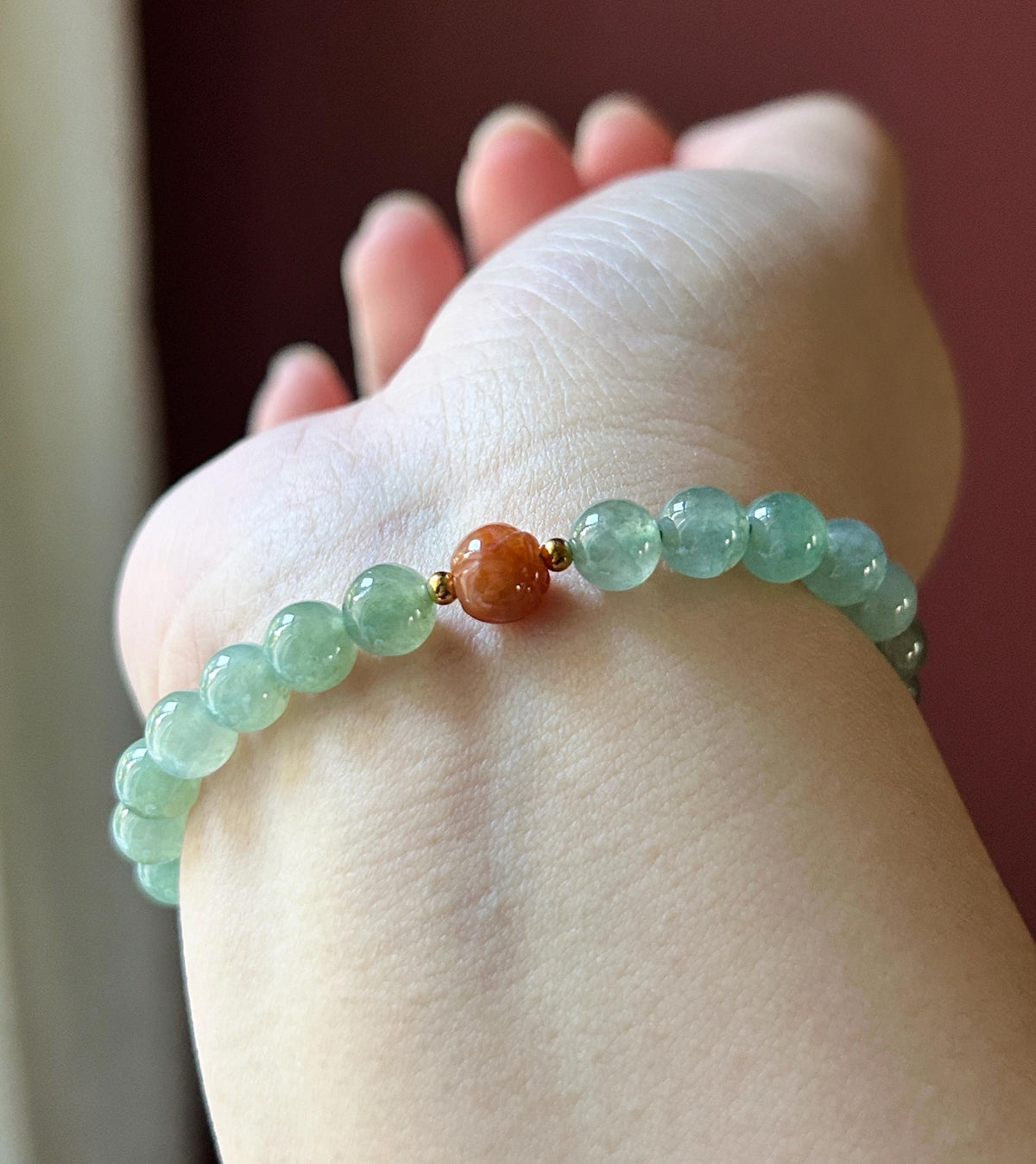 Natural Jadeite Beaded Bracelet, Burmese Type A Highly Translucent Icy Grass Green Jade Beads, 6.7mm