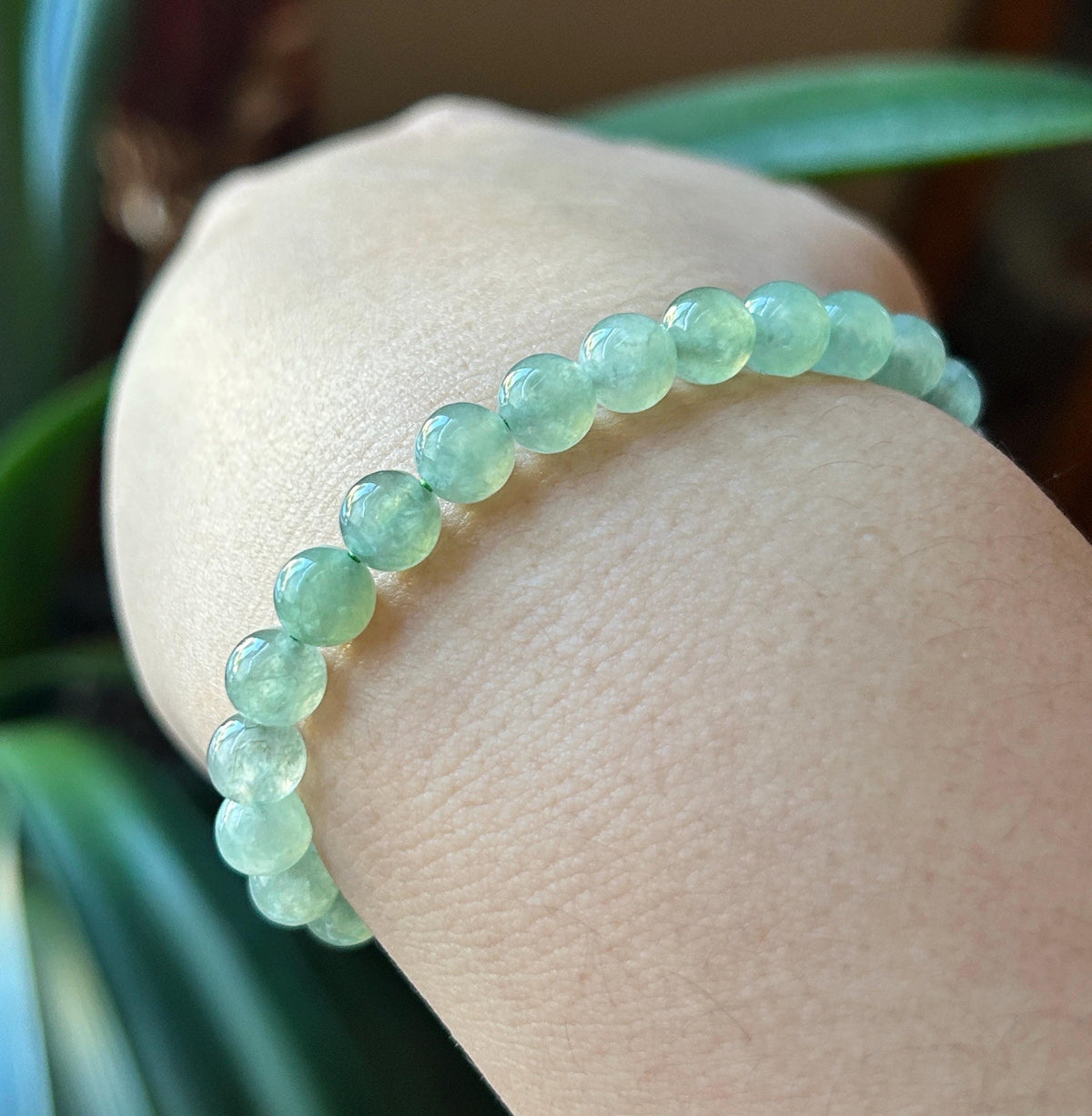 Natural Jadeite Beaded Bracelet, Burmese Type A Highly Translucent Icy Grass Green Jade Beads, 6.7mm