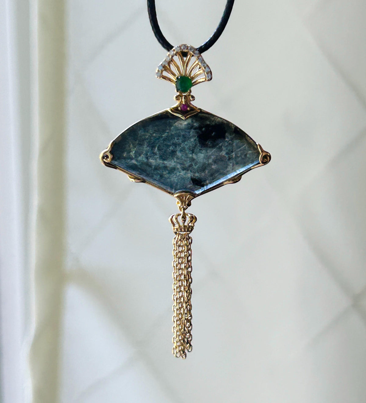 Certified Natural Jadeite Fan Pendant Burmese Type A Highly Translucent Icy WuJi Black Jade, 18k Vermeil, Sterling Silver