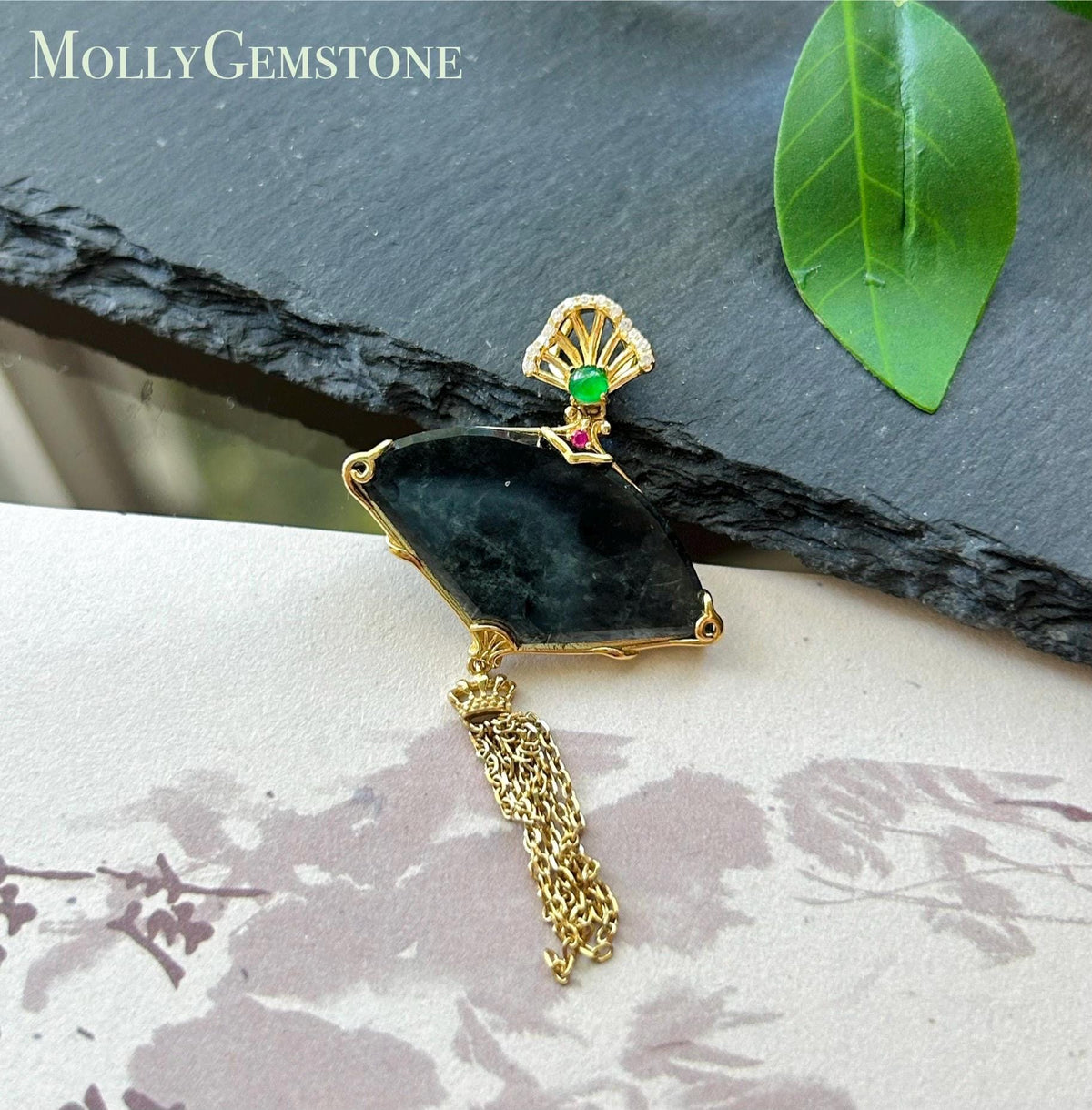 Certified Natural Jadeite Fan Pendant Burmese Type A Highly Translucent Icy WuJi Black Jade, 18k Vermeil, Sterling Silver