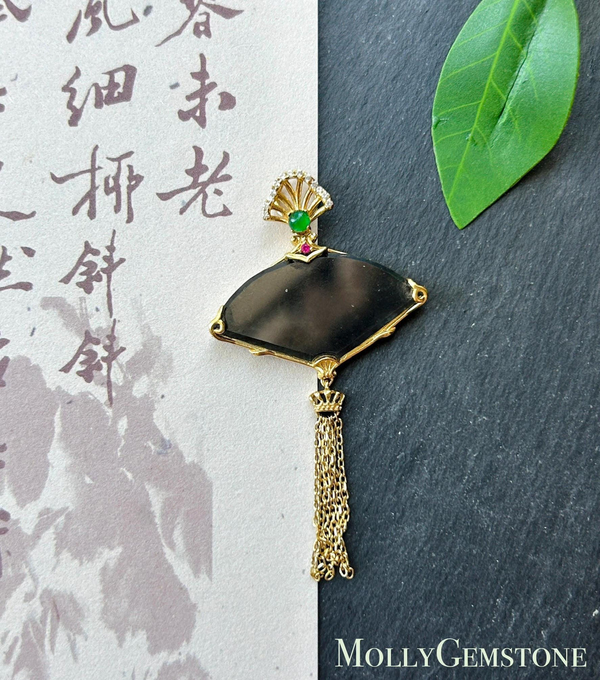 Certified Natural Jadeite Fan Pendant Burmese Type A Highly Translucent Icy WuJi Black Jade, 18k Vermeil, Sterling Silver