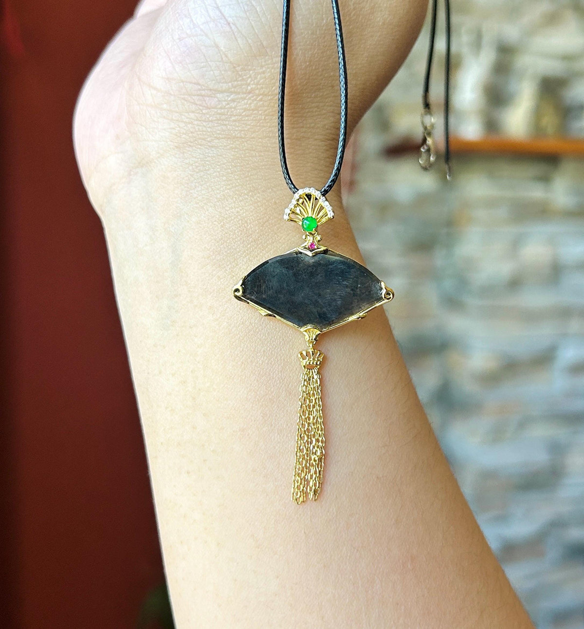 Certified Natural Jadeite Fan Pendant Burmese Type A Highly Translucent Icy WuJi Black Jade, 18k Vermeil, Sterling Silver