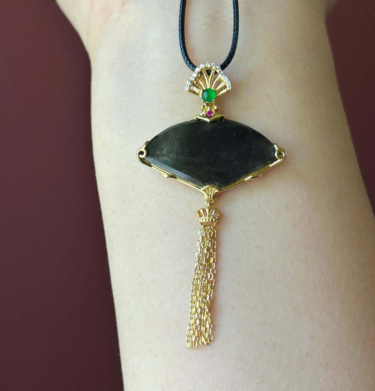 Certified Natural Jadeite Fan Pendant Burmese Type A Highly Translucent Icy WuJi Black Jade, 18k Vermeil, Sterling Silver