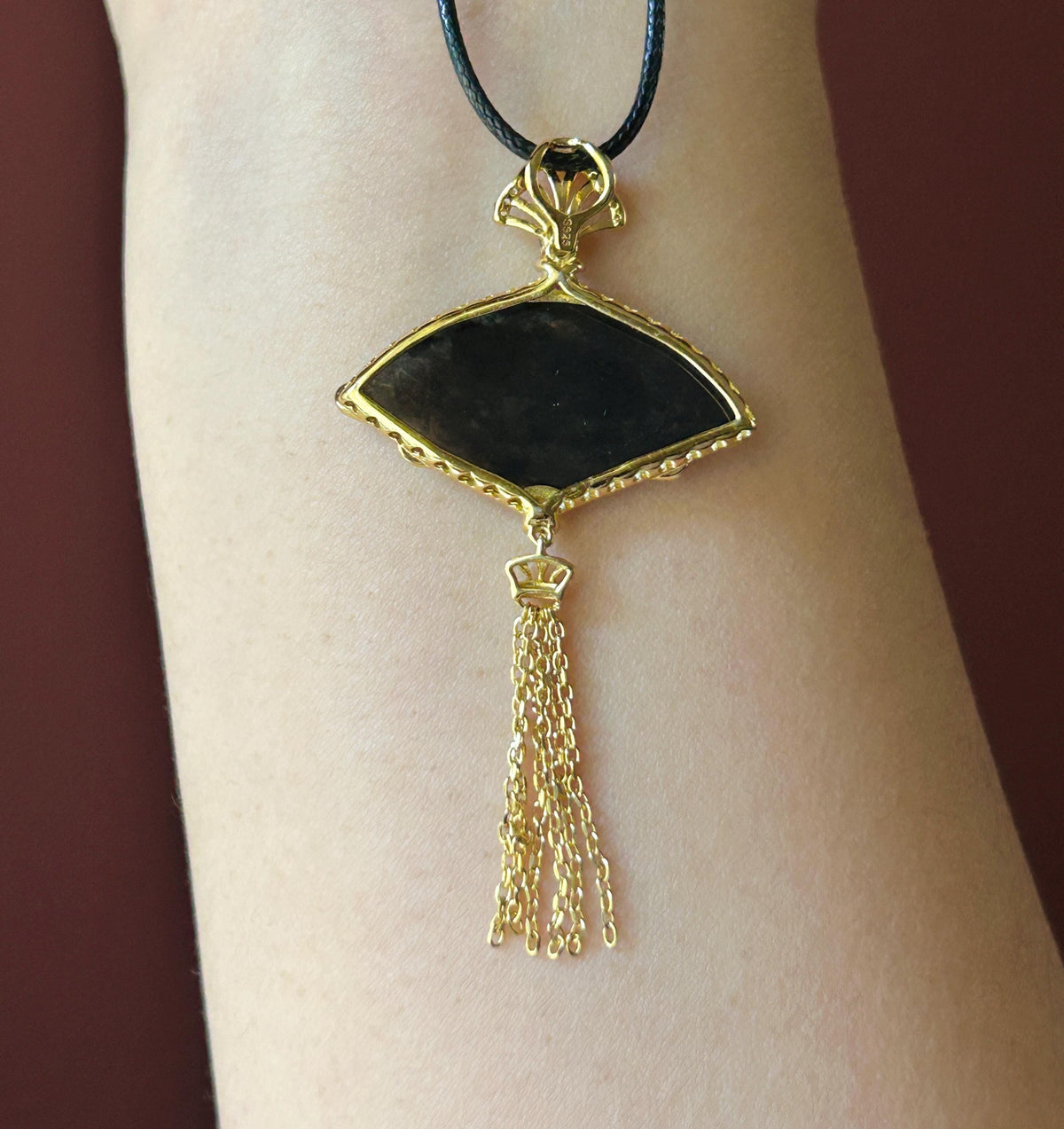 Certified Natural Jadeite Fan Pendant Burmese Type A Highly Translucent Icy WuJi Black Jade, 18k Vermeil, Sterling Silver