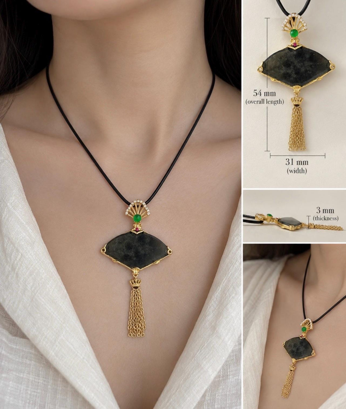 Certified Natural Jadeite Fan Pendant Burmese Type A Highly Translucent Icy WuJi Black Jade, 18k Vermeil, Sterling Silver