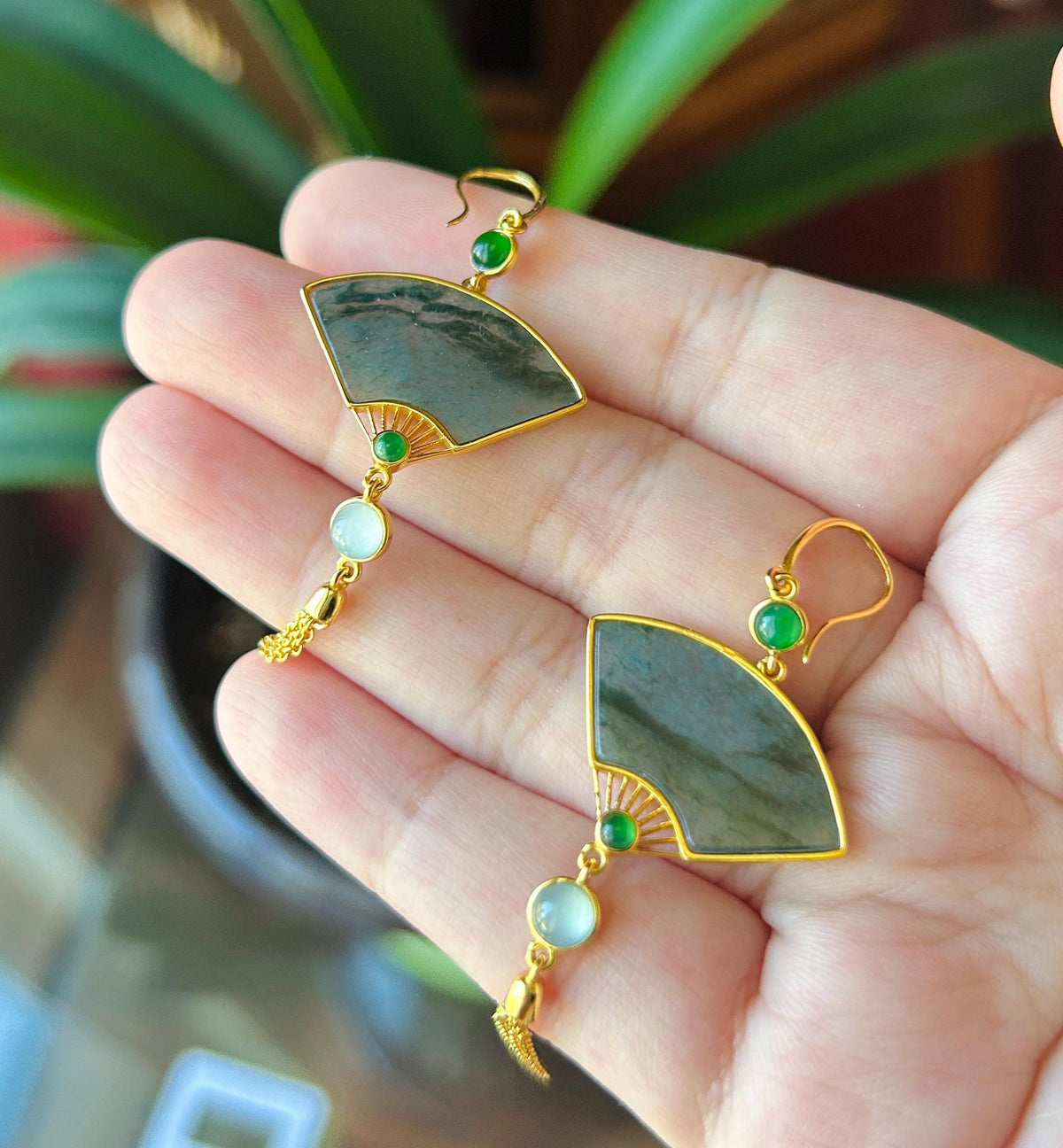 Certified Natural Jadeite Fan Earrings, Guatemalan Type A Icy Translucent Dark Green Floral/Black WuJi Jade, 18k Vermeil, Sterling Silver