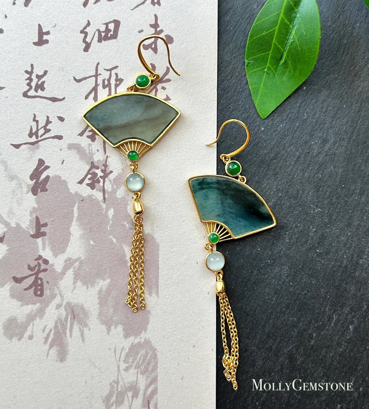 Certified Natural Jadeite Fan Earrings, Guatemalan Type A Icy Translucent Dark Green Floral/Black WuJi Jade, 18k Vermeil, Sterling Silver