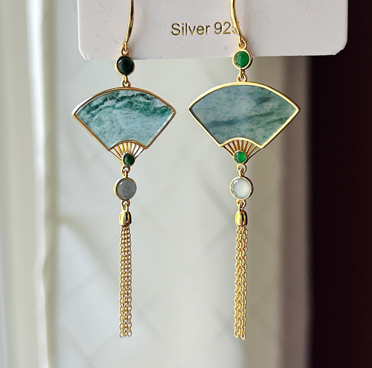 Certified Natural Jadeite Fan Earrings, Guatemalan Type A Icy Translucent Dark Green Floral/Black WuJi Jade, 18k Vermeil, Sterling Silver