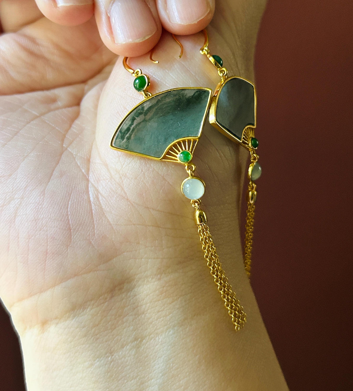 Certified Natural Jadeite Fan Earrings, Guatemalan Type A Icy Translucent Dark Green Floral/Black WuJi Jade, 18k Vermeil, Sterling Silver