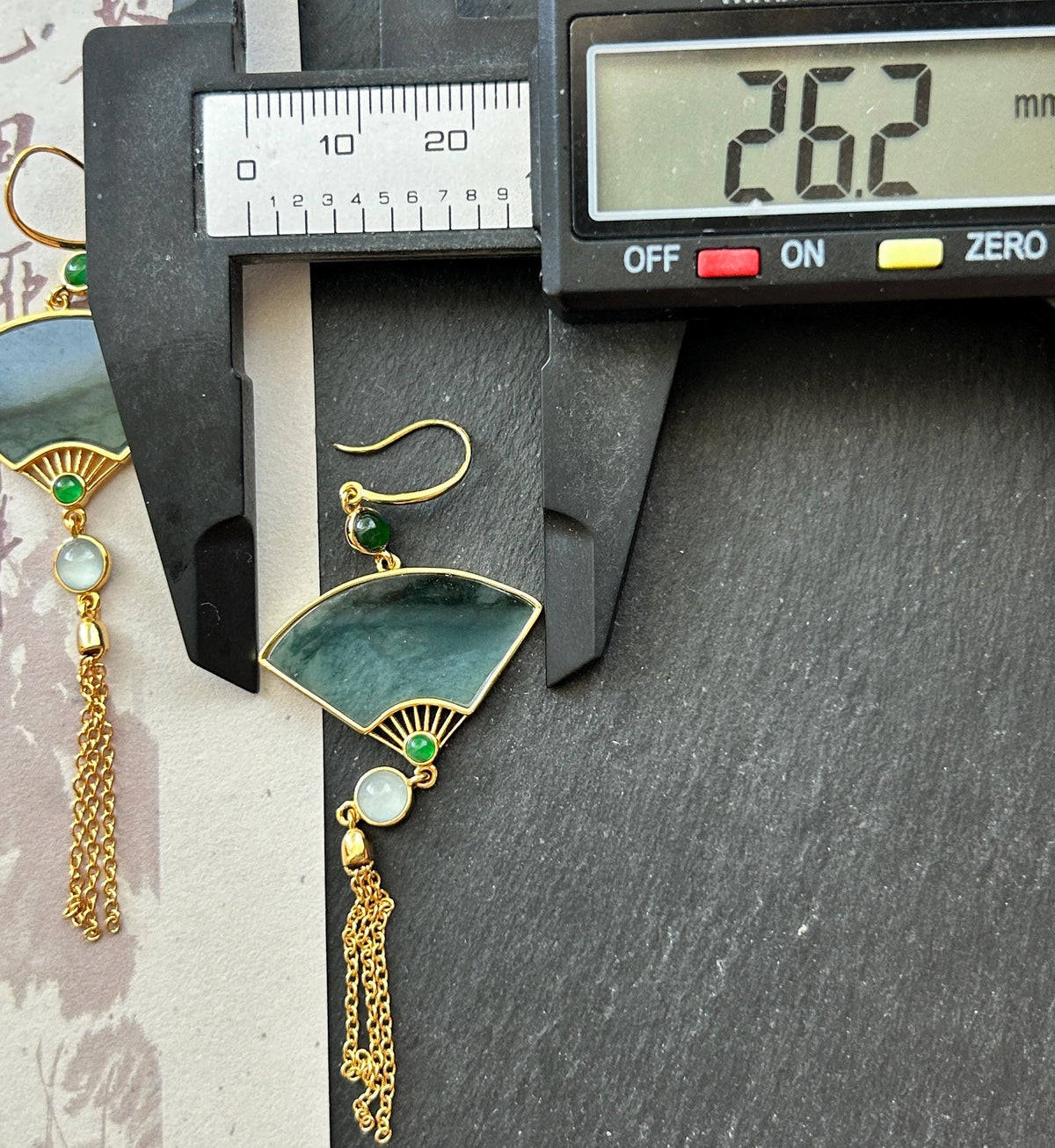 Certified Natural Jadeite Fan Earrings, Guatemalan Type A Icy Translucent Dark Green Floral/Black WuJi Jade, 18k Vermeil, Sterling Silver