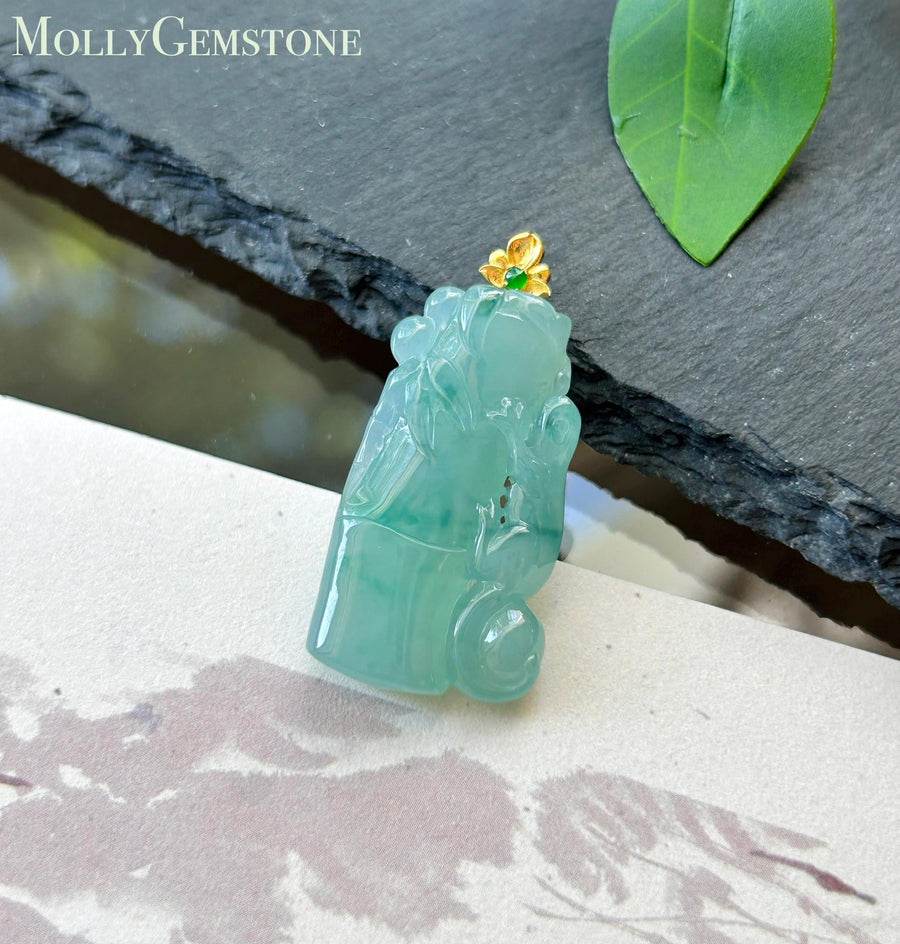 Certified Natural Jadeite Bamboo & Lizard Pendant | Burmese Type A Icy Translucent Bluish Green Floral Jade | 18K Solid Gold Bail