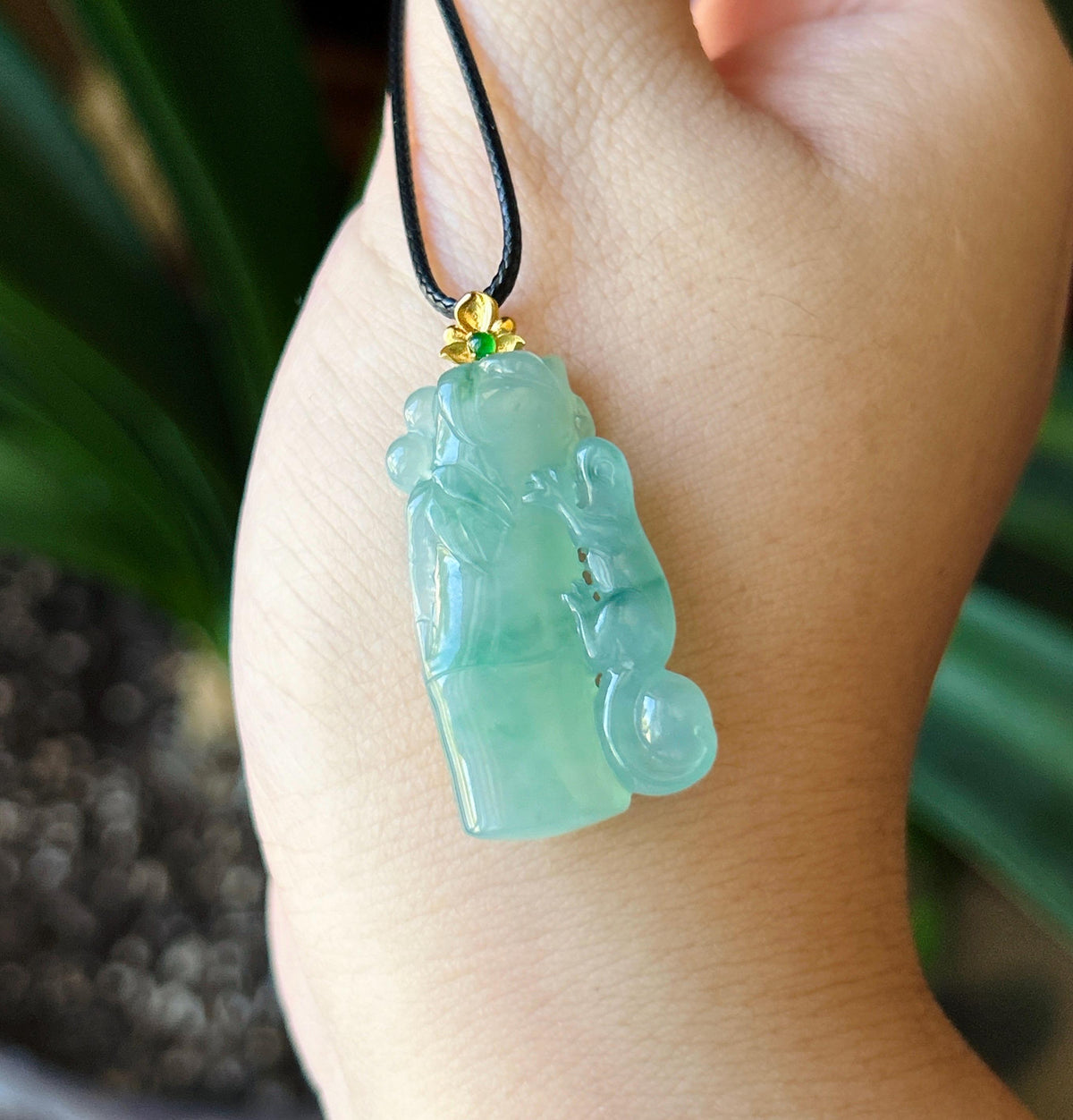 Certified Natural Jadeite Bamboo & Lizard Pendant | Burmese Type A Icy Translucent Bluish Green Floral Jade | 18K Solid Gold Bail