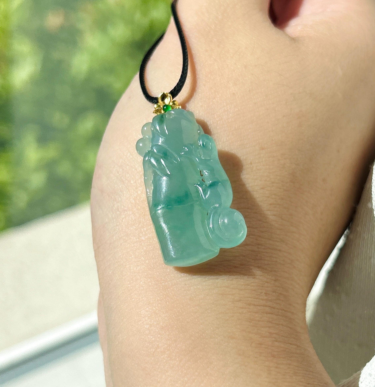 Certified Natural Jadeite Bamboo & Lizard Pendant | Burmese Type A Icy Translucent Bluish Green Floral Jade | 18K Solid Gold Bail