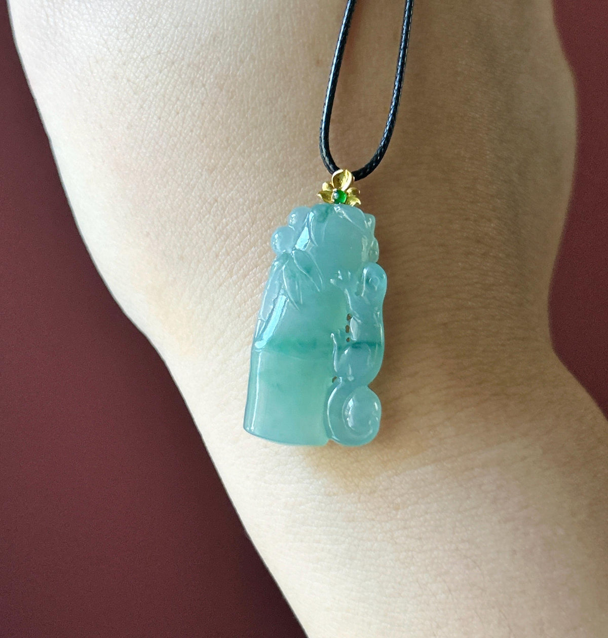 Certified Natural Jadeite Bamboo & Lizard Pendant | Burmese Type A Icy Translucent Bluish Green Floral Jade | 18K Solid Gold Bail