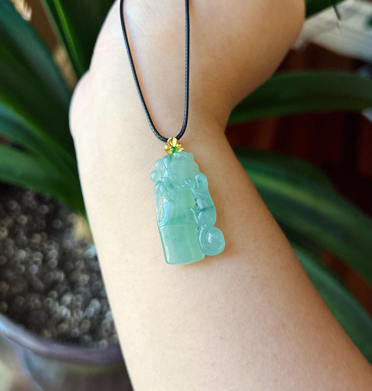 Certified Natural Jadeite Bamboo & Lizard Pendant | Burmese Type A Icy Translucent Bluish Green Floral Jade | 18K Solid Gold Bail
