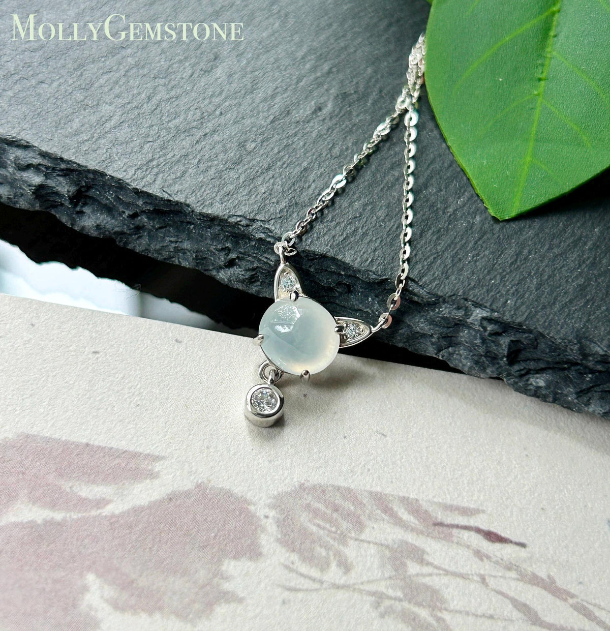 Certified Natural Jadeite Cat Necklace, Burmese Type A Icy White Jade Cabochon, Highly Translucent, 925 Sterling Silver
