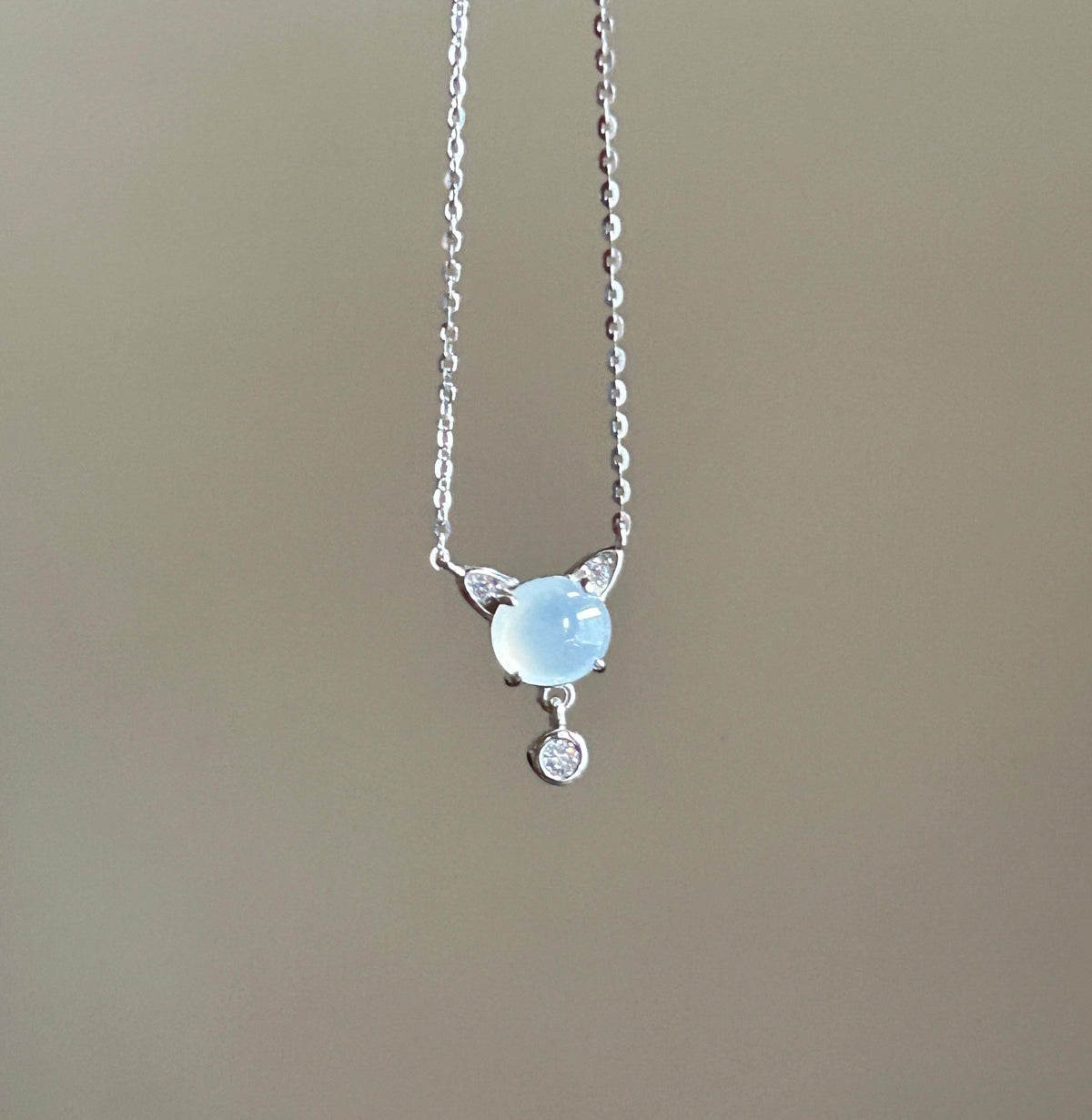 Certified Natural Jadeite Cat Necklace, Burmese Type A Icy White Jade Cabochon, Highly Translucent, 925 Sterling Silver