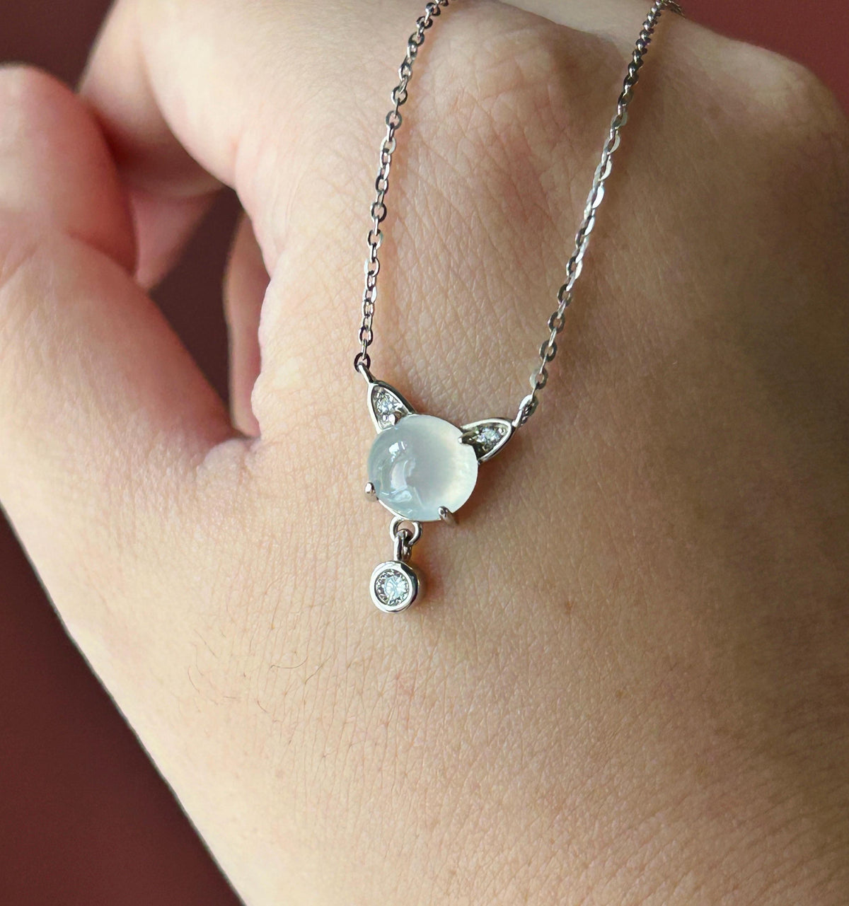 Certified Natural Jadeite Cat Necklace, Burmese Type A Icy White Jade Cabochon, Highly Translucent, 925 Sterling Silver