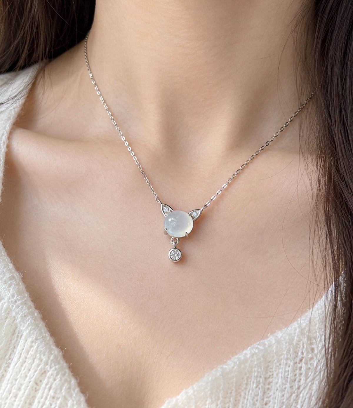 Certified Natural Jadeite Cat Necklace, Burmese Type A Icy White Jade Cabochon, Highly Translucent, 925 Sterling Silver