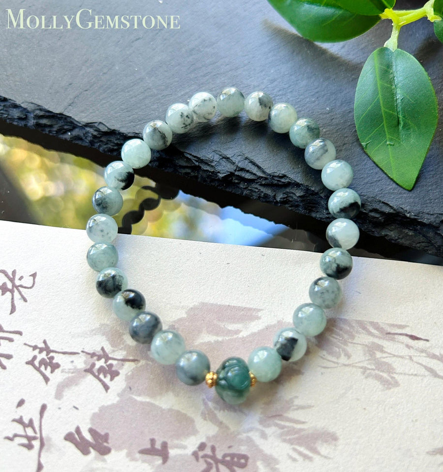 Natural Jadeite Beaded Bracelet, Burmese Type A Icy-Translucent Pale Green Base, Ink-Wash Landscape Wuji Jade, 6.8mm