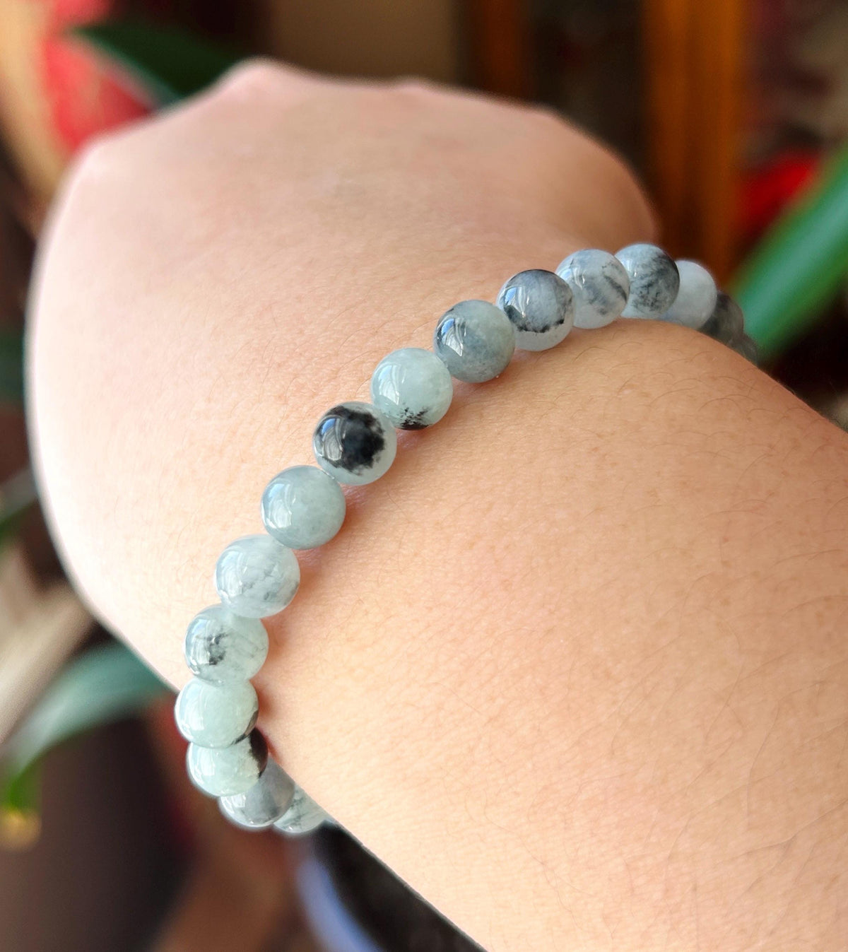 Natural Jadeite Beaded Bracelet, Burmese Type A Icy-Translucent Pale Green Base, Ink-Wash Landscape Wuji Jade, 6.8mm