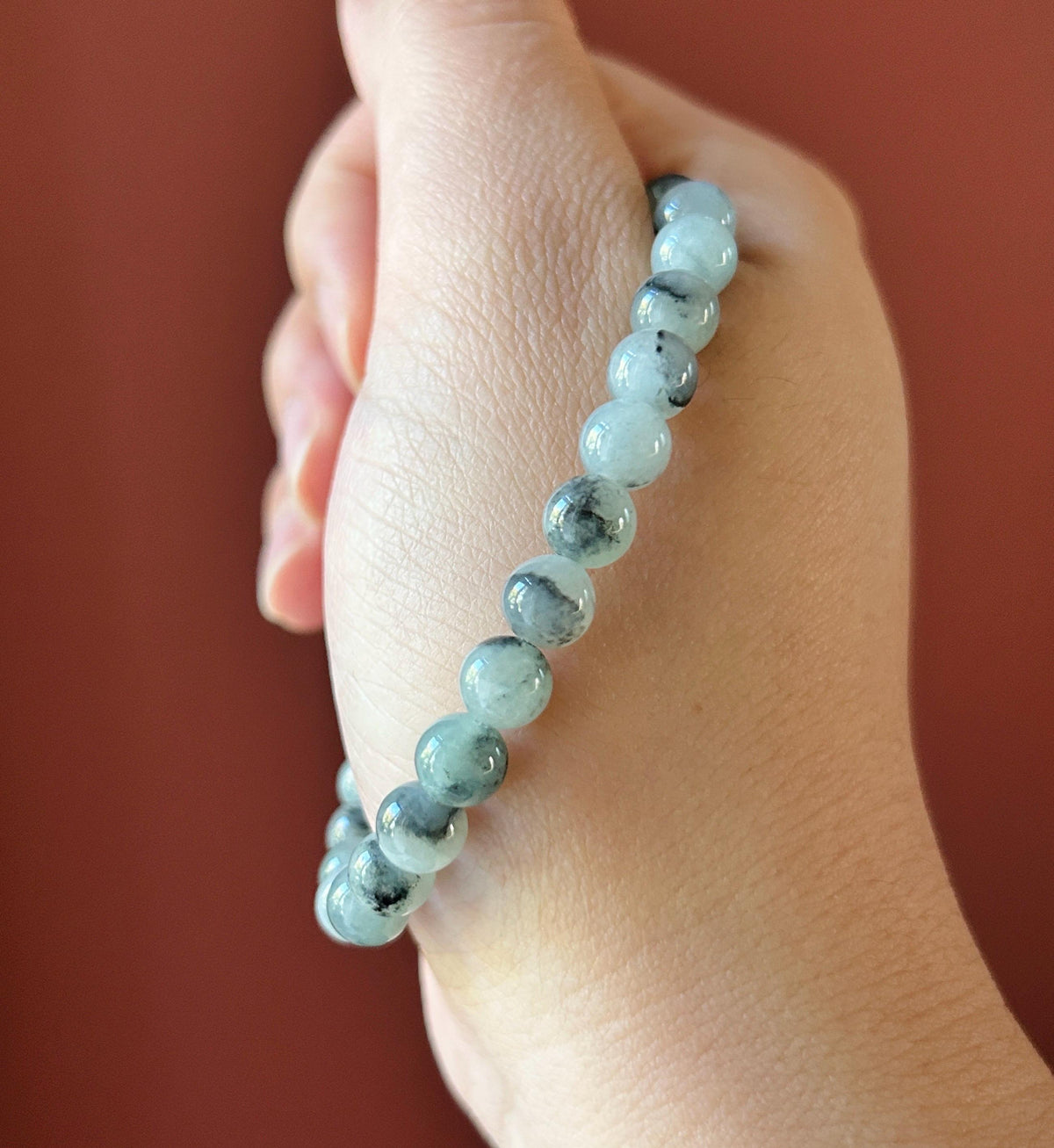 Natural Jadeite Beaded Bracelet, Burmese Type A Icy-Translucent Pale Green Base, Ink-Wash Landscape Wuji Jade, 6.8mm