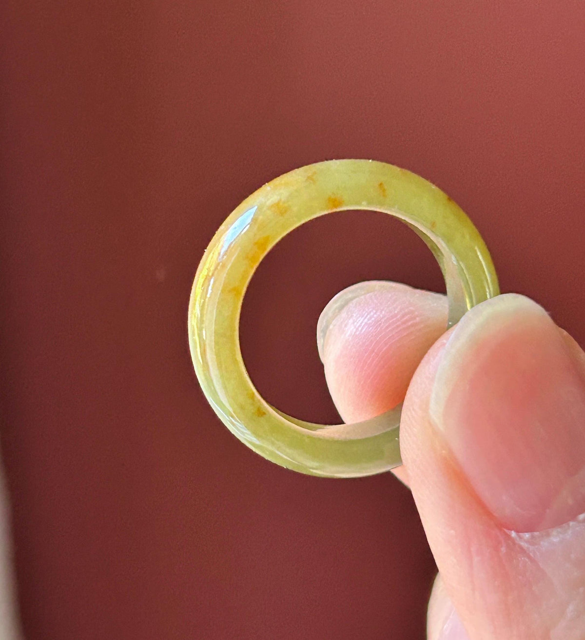 Natural Jadeite Ring | Burmese Type A Fine Glutinous Icy Olive Tea Yellow with Red Floral Jade Band US 6.5