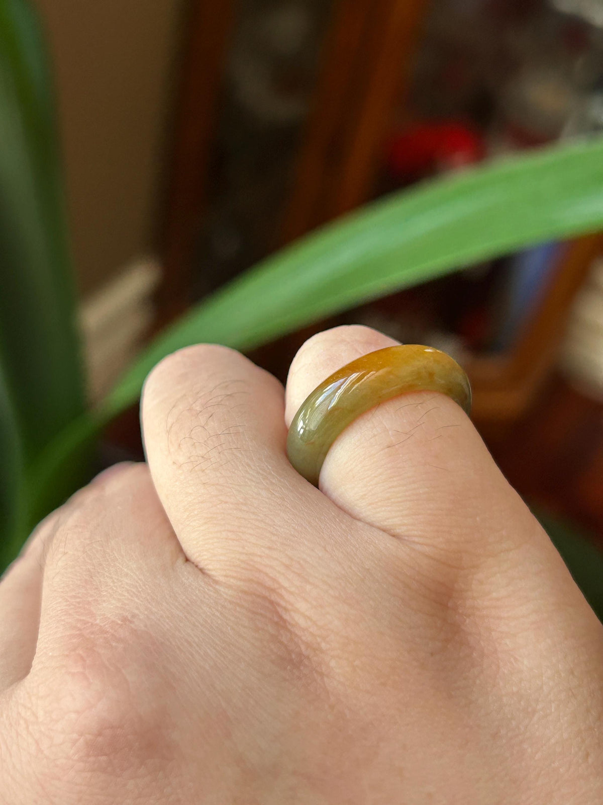 Natural Jadeite Ring | Burmese Type A Fine Glutinous Icy Olive Tea Yellow with Red Floral Jade Band US 6.5