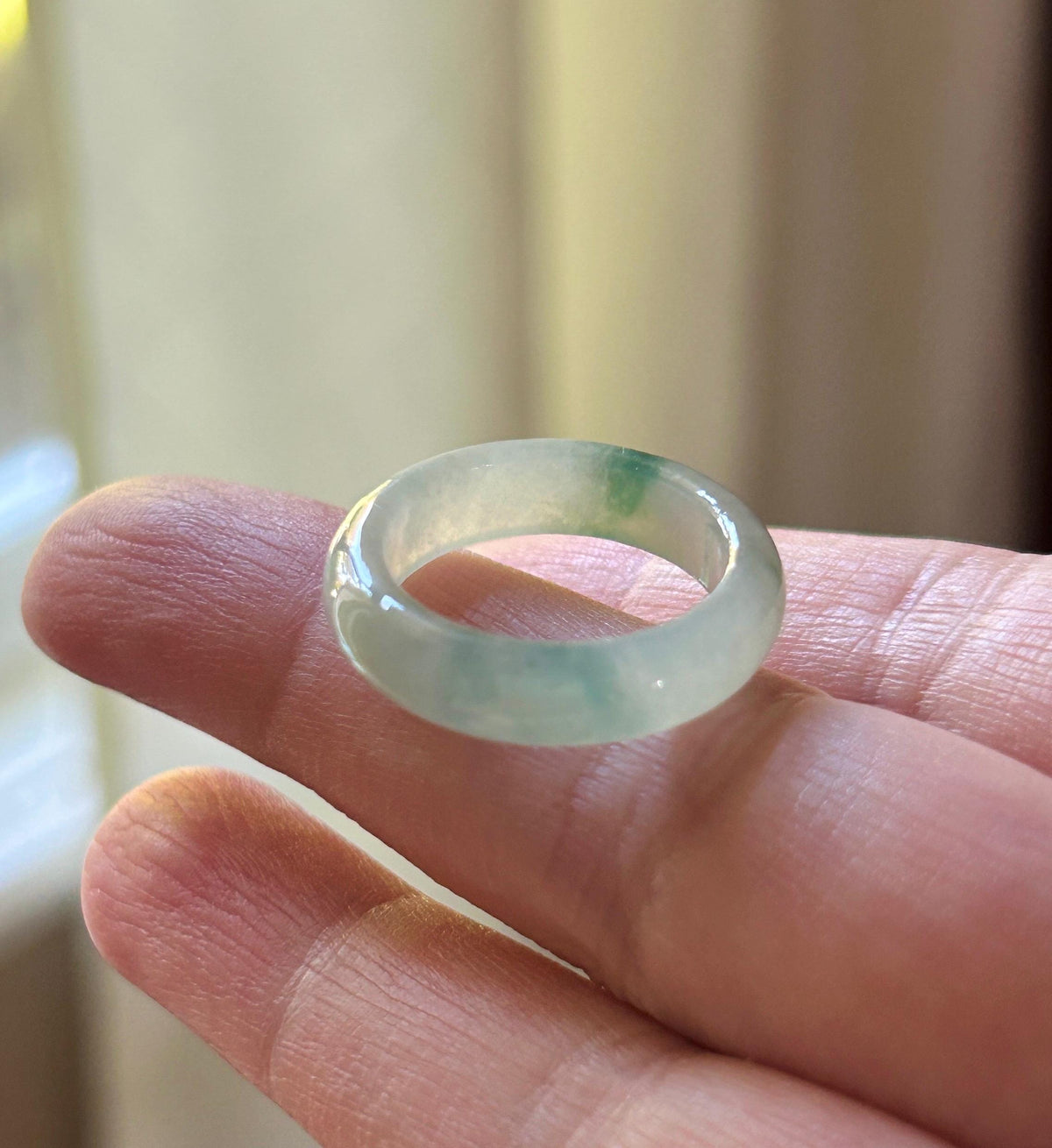 Certified Natural Jadeite Band Ring | Burmese Type A Icy Light Blue Base Bluish Green Floral Jade US 6.5 - 17mm