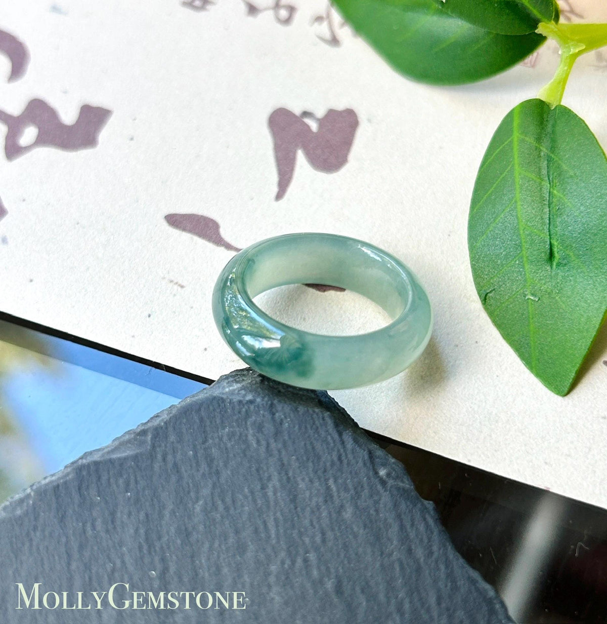 Natural Jadeite Band Ring | Burmese Type A Highly Translucent Icy Bluish Green Floral Jade | US 6.5 |16.9mm